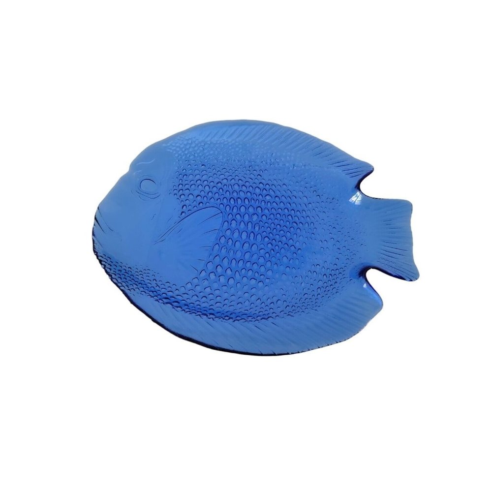 4 Pc Cobalt Blue Fish Plates Glass 2 Snack 2 Large Serving Plates France
